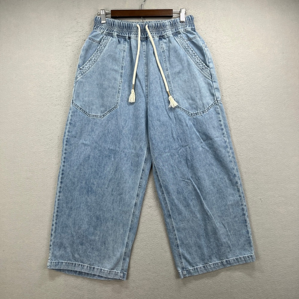 Urban Daisy Wide Leg Jeans Women Medium Blue Elastic Waist Drawstring Boho Denim